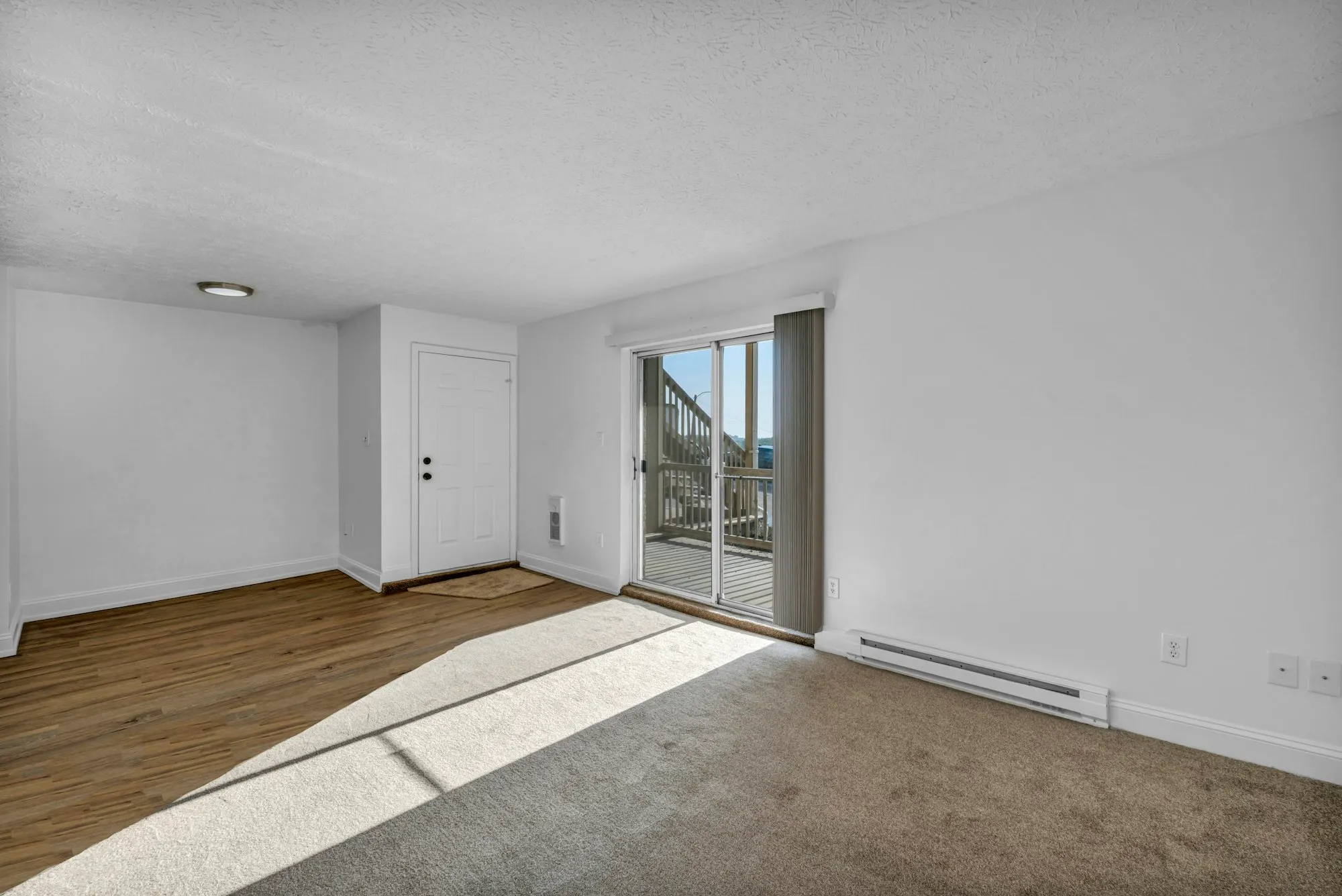 Sunlit living room with new carpet and a sliding glass door