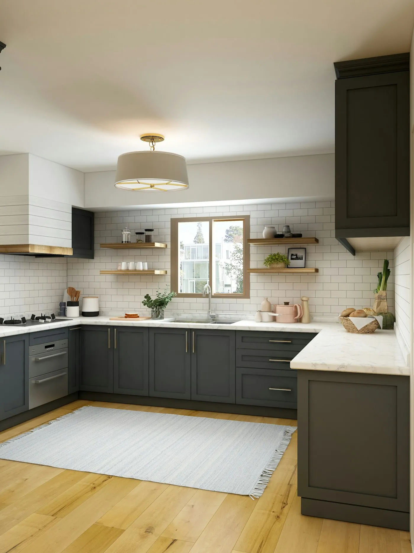 Kitchen with white and warm wood cabinets