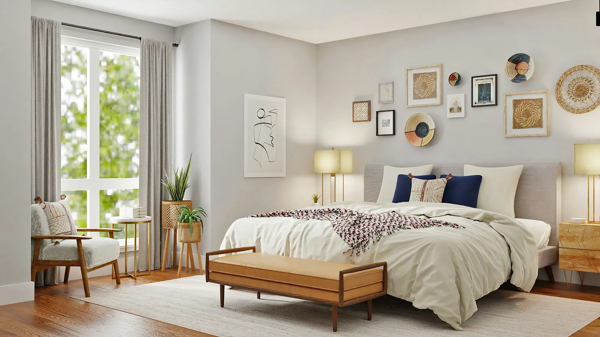 Sunlit bedroom with a leather bench and framed wall art